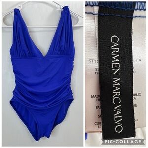 Carmen Marc Valvo Vibrant Blue v neck ruched One piece swimsuit size 6